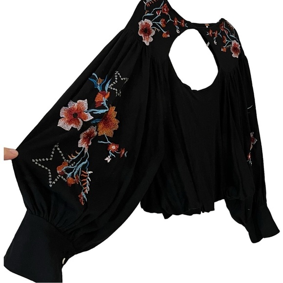 FREE PEOPLE Lita Embroidered Top Fairy Goth Cutout Balloon Sleeve Boho Black S - Picture 14 of 16